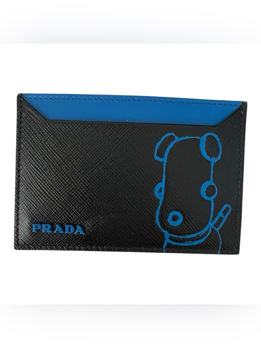 Prada Black & Blue Saffiano Leather Card Holder with Graphic Detail